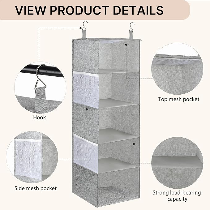 Hanging Closet Organizer with Hook, Collapsible 5 Tier Closet Organizers, Hanging Shelves for Clothes Shoes Towels Sweater 40 * 12 * 12 Inches