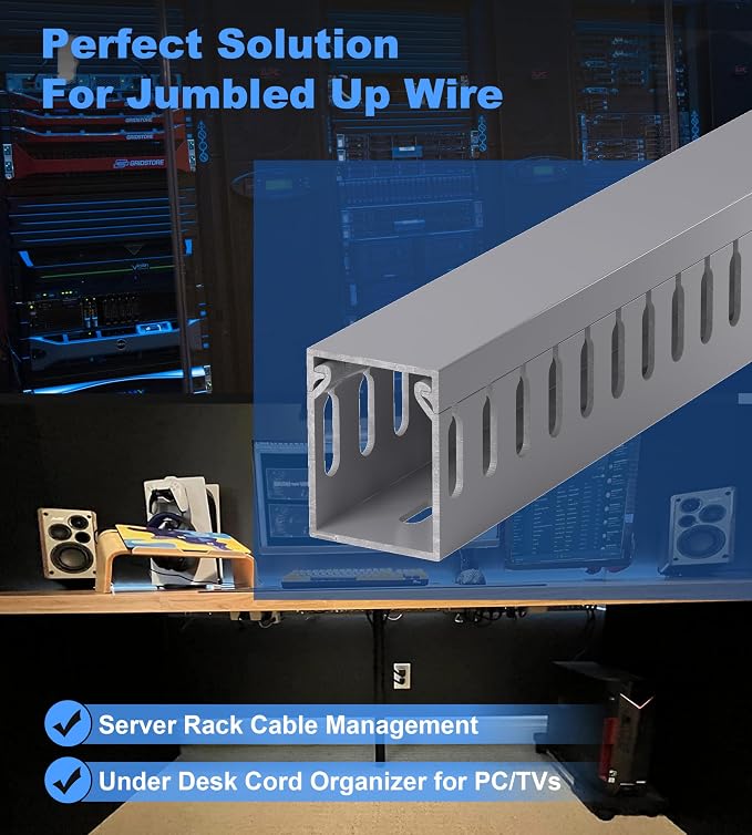 1.6"H x 1.2"W Cable Raceway, 6ft Under Desk Wire Management Channel, Black | Slotted Wire Duct, 2 Pack (3 ft Each), Heavy-Duty PVC Cable Management for Server Racks, Network Cables & Electrical Cabinets