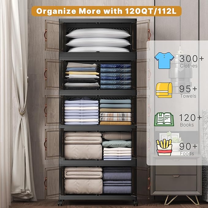 UAMFURI Extra Large Stackable Storage Bins with Lids & Wheels, Foldable Collapsible Closet Organizers Dark Storage Cabinet with Doors for Bedroom Dorm