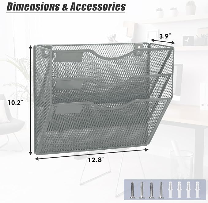 EASEPRES 3 Pocket Mesh Hanging Wall File Organizer, Wall Mounted Mail Paper Document Folder Holder, Clipboard Storage Organization Magazine Rack with Nametag Label for Office Home School, Gray
