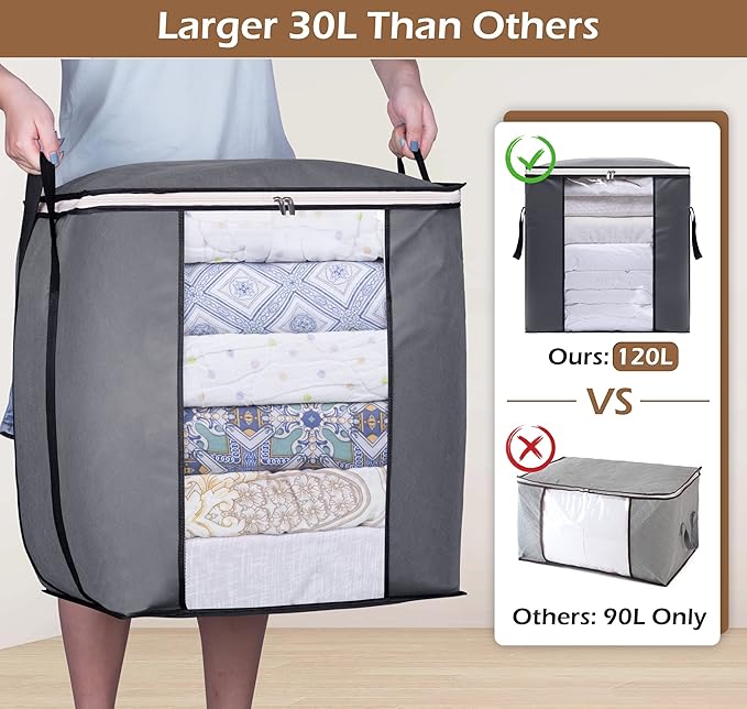 SLEEPING LAMB 120L Extra Large Blanket Storage Bags Breathable Clothes Storage Containers for King Comforter Bedding Pillow Sheet, Grey, 2 Packs