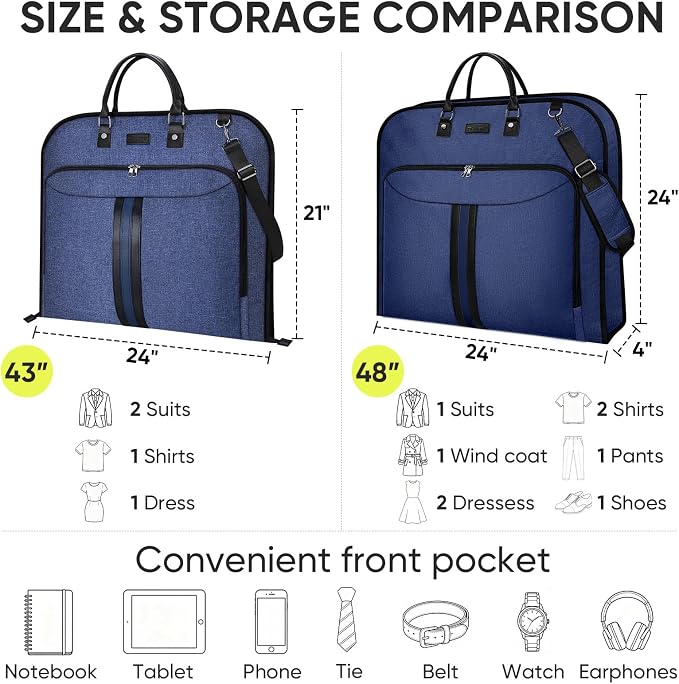 BALEINE Travel Garment Bag, Travel Suit Bag for Men, Water Resistant Carry on Garment Bag for Hanging Clothes, Garment Duffel Bag for Travel Business (Blue, 48")