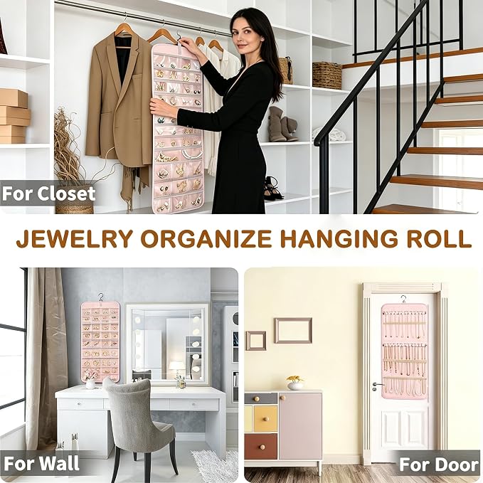Hanging Jewelry Organizer, Double-Sided Jewelry Organizers and Storage with 48 Pockets and 21 Hooks for Necklaces Earrings Rings, Jewelry Travel Roll Over the Door for Closet Wall (1, Pink)