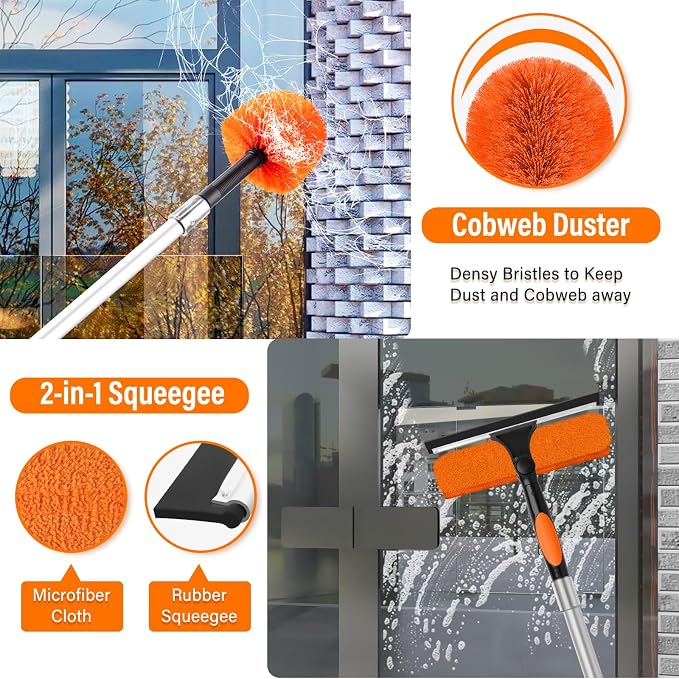 36FT High Reach Duster with Extension Pole 5-30FT, 4-in-1 Cleaning Kit with Universal Swivel Joint, High Ceiling Fan Cleaner Duster, Cobweb Duster, Microfiber Feather Duster and Window Squeegee