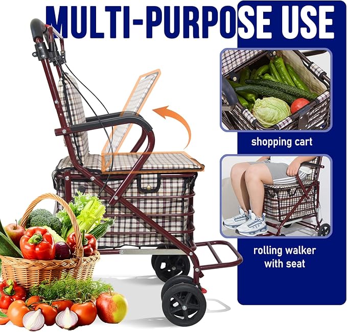 Foldable Shopping Cart with Seat, All-Terrain Wheels, 220 lbs Capacity, Comfortable Thickened Cushion, Easy to Fold and Store, FitS 59-72 Inches, 220lbs, Red