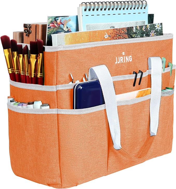 JJRING Craft Organizer Tote Bag, Large Art Storage Caddy with Multiple Pockets, Orange Sewing Bag for Art, Craft, Scrapbooking, School, Medical, and Office Supplies Storage