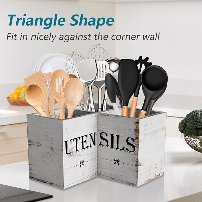 Suli Extra Large Utensil Holder Countertop for Kitchen Counter,White Grain | Hold 40 Utensil,Removable Divider,Rutic Silverware Organizer Caddy,Spacesaving,Farmhouse Cooking Crock for Spatula,Spoon,Wood