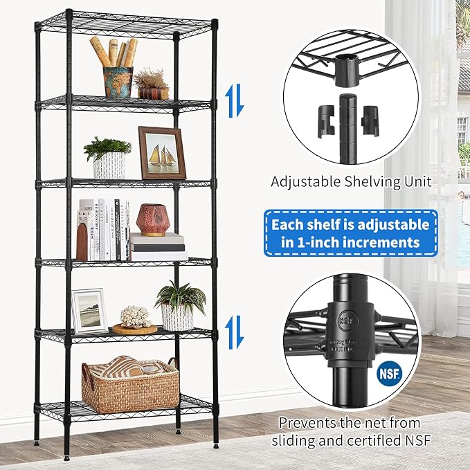 6-Tier Wire Shelving Unit Detachable Storage Shelves with 8 Adjustable Feet 59" H x 23" x 13" Kitchen Storage Rack Adjustable Metal Shelf for Pantry Closet, 900LB Capacity, Black