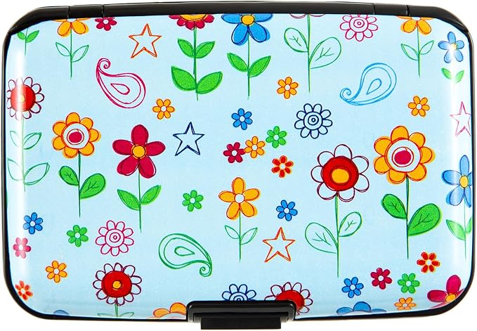 Credit Card Holder for Women Men RFID Blocking Wallet Small Business Metal Slim Mini Aluminum Hard Case (Doodle Garden Floral)