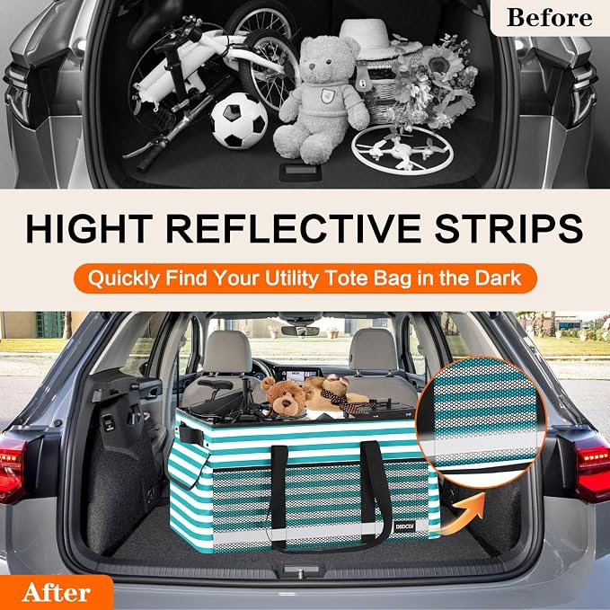 Extra Large Utility Tote Bag with Reflective Strip, Standing Reusable Grocery Bags with Hard Bottom, Collapsible Utility Tote with Handles for Shopping, Beach, Picnics, Car, Striped Green