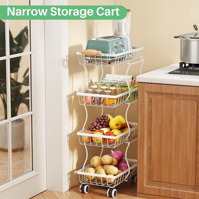 SAYZH Fruit Basket Kitchen Pantry Organizers and Storage - 4 Tier Stackable Metal Wire Basket Stand for Fruit Vegetable Snacks Jars Bins Containers Organization, (White, 4 Tiers)