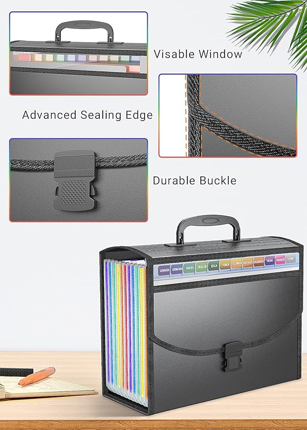 TOPCJ Accordion File Organizer,Expanding File Folder Portable Filing Folders,13 Pockets File Box with Handle for Documents,Special Design for Carrying,A4/Letter Size,Colored Tabs