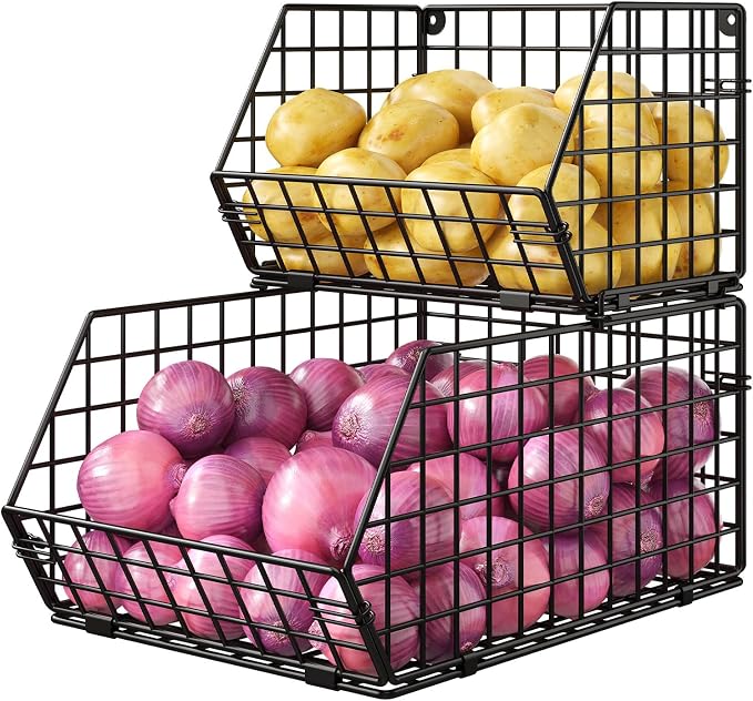 2-Tier Potato and Onion Storage Bin, Stackable Wire Baskets for Countertop | Large Fruit and Vegetable Storage, Wall-Mount Kitchen Pantry Organizer with Ventilated Mesh to Keep Produce Fresh for Cabinet