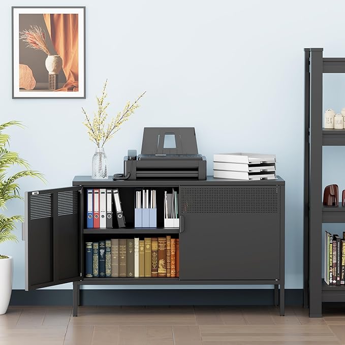 Ustamio Black Wide Metal Locker Storage Cabinet, 2 Door Accent Cabinet for Home and Office, 2 Tier Low Metal Cabinet With Doors and Shelf, Multipurpose TV Stand