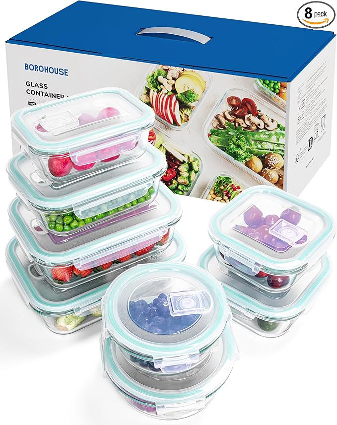 8-Pack Borosilicate Glass Food Storage Containers Set with Airtight Lids - Oven, Microwave & Freezer Safe, Leak-Proof, BPA-Free - Baking, Meal Prep & Gift Ready