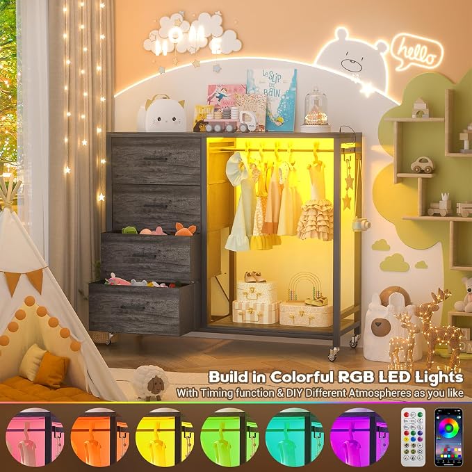 Cyclysio Storage Clothes Rack with 4 Drawers, Garment Rack with Charging Station & LED Lights, Fabric Chest Shelves Clothing Rack, Wooden Portable Wardrobe Closet