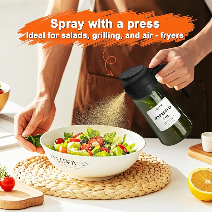 mqnxoi Oil Sprayer for Cooking, 2 in 1 Olive Oil Dispenser Bottle for Kitchen, 16oz/470ml Premium Glass, Food-grade Oil Mister for Air Fryer, Salad, Frying, BBQ (Black + Dark Green Bottle)