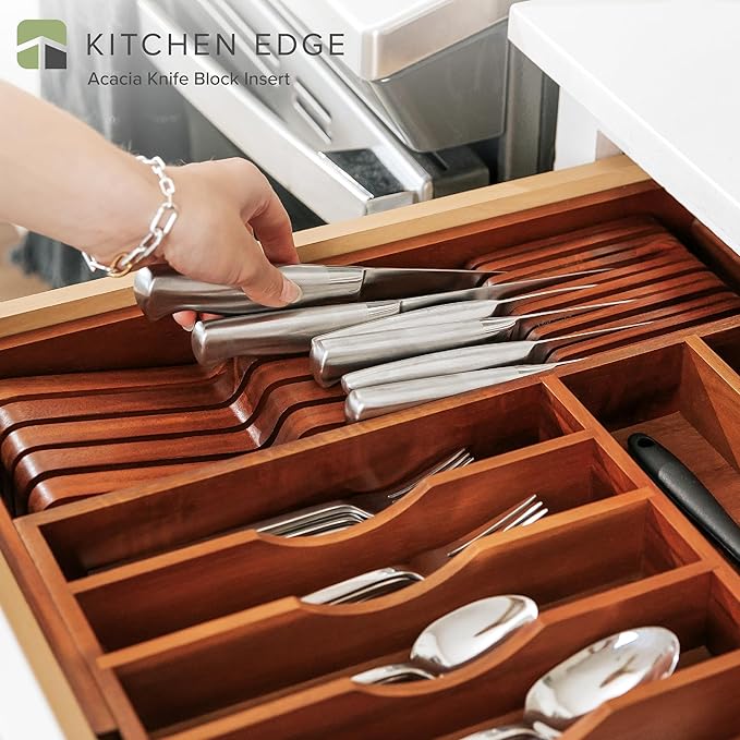 KitchenEdge In-Drawer Knife Block Holder, 11 Slots, Acacia | Fits most knife sizes, rubber feet, food-safe finish