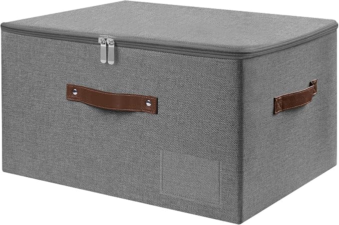 ANMINY Fabric Storage Box Bins with Zipper Lid, Washable Gray | Cotton Linen Fabric, PP Board Frame, Label Holder, Stackable & Foldable, PU Handles, Dual-Zipper 3-Side Open Lid, Large
