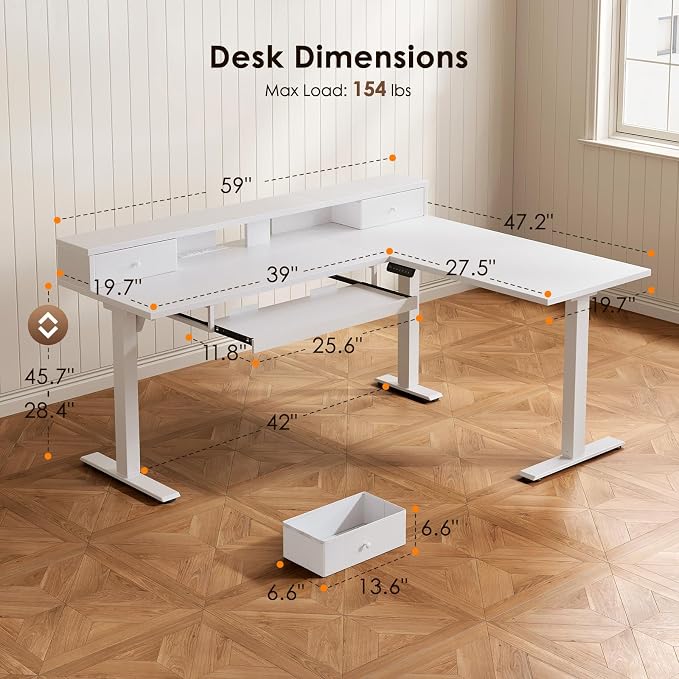 OffiGo 59 Inch L Shaped Electric Standing Desk with Drawers, White | Monitor Stand, Keyboard Tray, Fabric Drawer, Power Outlets, Height Adjustable Corner Stand Up Desk for Organized Home Office
