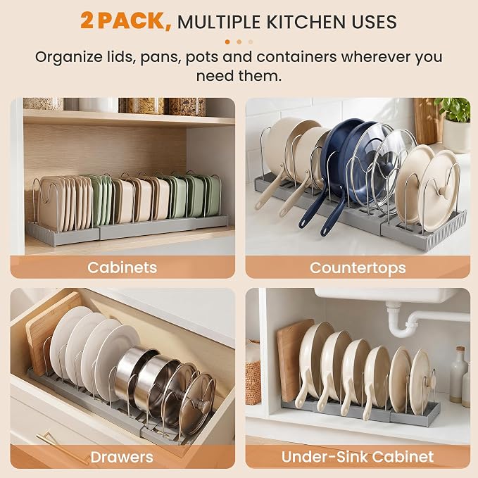 2 Pack Expandable Pot Lid Organizers with 10 Adjustable Dividers | 12.6-22.4 Inch Pots and Pans Organizer Rack Under Cabinet, Countertop, Pan Lids, Bakeware, Food Container Lids, Grey