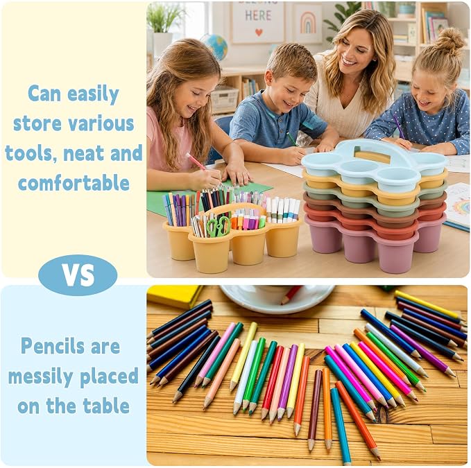 Plastic Caddy with Handle Set of 6 Classroom Caddy Organizer Cup Caddies Water Bottle Storage Crayon Caddies Plastic Cup Holder Drink Carrier for School Home Office Supplies(Groovy)