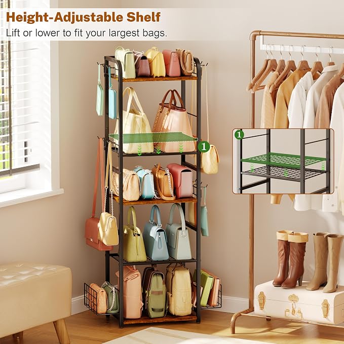 Tall 5-Tier Purse Organizer for Closet, Purse Rack Stand for Purse Storage, Metal & Wood Handbag Organizer with 4 Side Hooks and 2 Baskets, Space-Saving Narrow Purse Shelf for Small Space, Bedroom