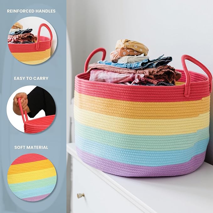 OrganiHaus Rainbow Blanket Basket for Classroom & Nursery, Extra Large Woven Laundry Basket w/Handles, Kids Toy Organizer & Storage, Soft Round Dog Toy Storage Bin, Cute Bin - 20"x13" in