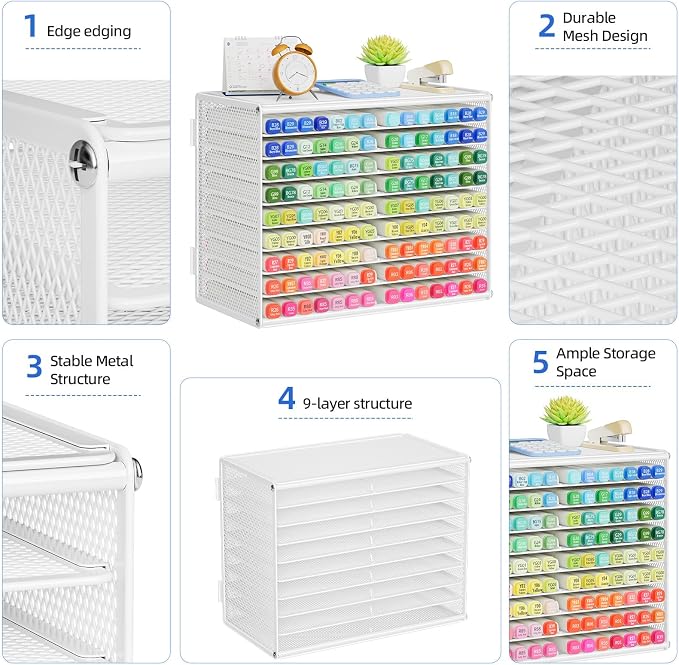 Marbrasse Mesh Marker Organizer, 9-Tier Rack Holds 126 Markers, White | Marker Holder, Space-saving Vertical Design, Desktop Storage for Office Classroom & Home Art Supplies