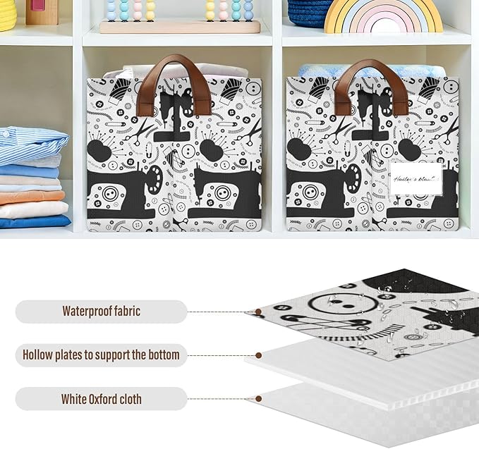 Black White Sewing Tools Printed Storage Basket Foldable Cube Storage Bins with Handles&Label Collapsible Organizer Box Bin Large Rectangle Decorative Baskets for Shelves Home Living Room Closet, 2 PC
