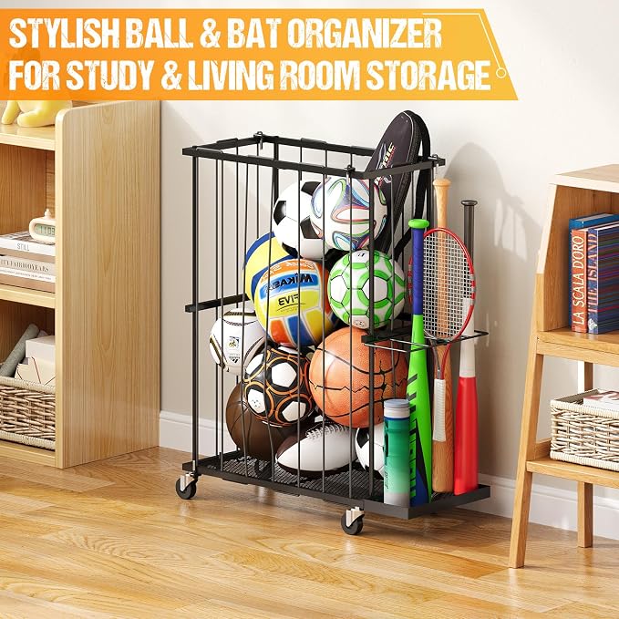 Garage Ball Storage With Baseball & Badminton Holder: Floor Sports Equipment Organizer, Sports Ball Rack With Elastic Rope, Ball Holder for Basketball, Soccer, Volleyball, Football, Garage, Gym, Black