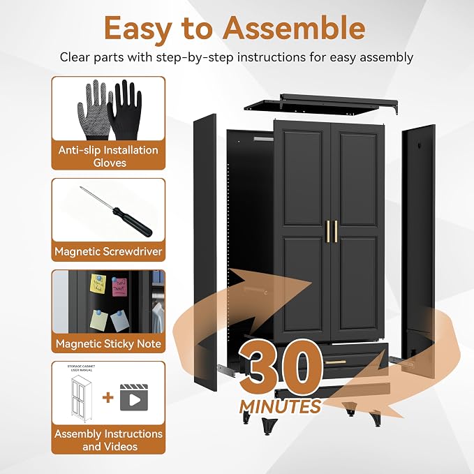 Polup Metal Armoire Wardrobe Closet with Drawer, 71“ Tall Wardrobe with Doors and Shelves, Metal Wardrobes Closet with Hanging Rod, for Bedroom, Garage, Laundry, Black
