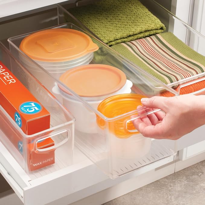 iDesign Plastic Stackable Pantry Bin with Handles, Set of 2, Clear | For Kitchen Cabinets or Fridge, Made in USA