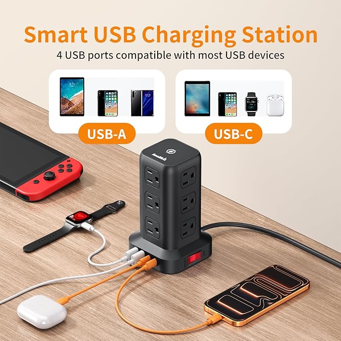 Extension Cord with Multiple Outlets, SMALLRT Surge Protector Power Strip Tower, Outlet Extender with 12 AC Outlets 4 USB, 6.5FT Extension Cord for Home Dorm Room, Office Supplies,Overload Protection