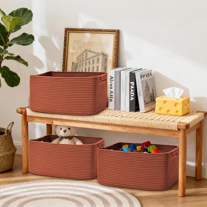 2 Pack Large Storage Basket for Organizing, 17.5"x13"x7" Woven Basket for Shelves, Closet Cube Storage Bins with Wrapped Handle, Cotton Rope Baskets for Kitchen, Clothes, Toys(Oxide Red)
