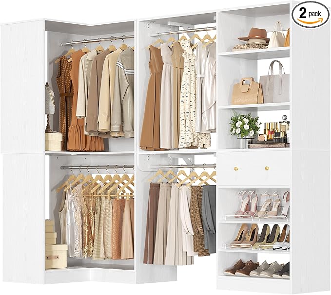 Armocity Closet System Set of 2 - Corner Closet Organizer System with Drawer/9 Shelves/4 Hanging Rods, 91.3" L-Shaped Walk-In Wardrobe Organizer, 1800+ lbs Capacity, White