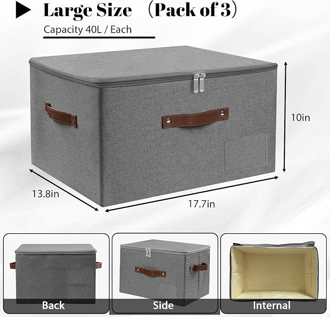 ANMINY Fabric Storage Box Bins with Zipper Lid, Washable Gray, 3PCS | Cotton Linen Fabric, PP Board Frame, Label Holder, Stackable & Foldable, PU Handles, Dual-Zipper 3-Side Open Lid, Large