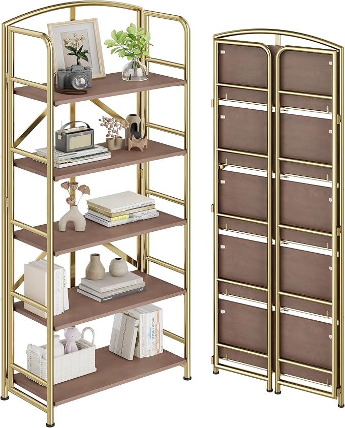 No Assembly,Gold Folding Bookshelf 5 Tiers, Vintage Storage Rack,Brown&Gold | Bookcase Vintage Multifunctional Plant Flower Stand, Storage Shelves Organizer for Home Office,Living Room,Dorm