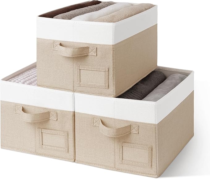GRANNY SAYS Closet Storage Bins, Storage Baskets for Closet, Fabric Bins for Clothes, Closet Organizer Bins, Clothes Storage Organizer, Khaki&Ivory, Medium, 3-Pack