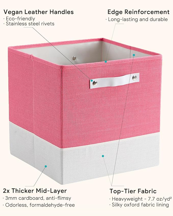 Cube Storage Bins | 10.5"x10.5"x11", Macaron & White, 6 Pack | Multi-Size | 2X Thick Support Board | Vegan Leather Handles | 7.7 oz/yd² Fabric | 11"x11" Drawer Insert Basket