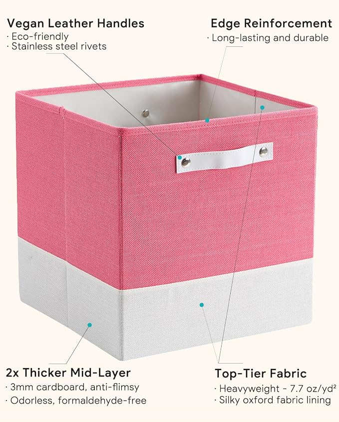 Cube Storage Bins | 13"x15"x13", Macaron & White, 4 Pack | Multi-Size | 2X Thick Support Board | Vegan Leather Handles | 7.7 oz/yd² Fabric | Drawer Insert Basket Fits KALLAX
