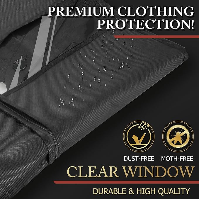 Hleelomi 5 Pack 40-inch Suit Bag Garment Bag for Travel and Storage, Garment Bags for Hanging Clothes with Zipper and Visible Transparent Window, Black
