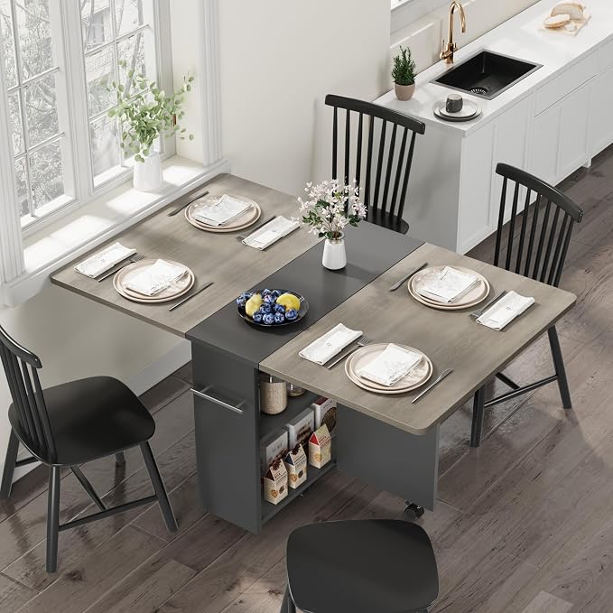 GAOMON Folding Dining Table, Drop Leaf Dining Table with 6 Wheels and 2-Layer Storage Shelf, Foldable Kitchen Table, Space Saving Table for Small Spaces, Areas, 47.2" Oak