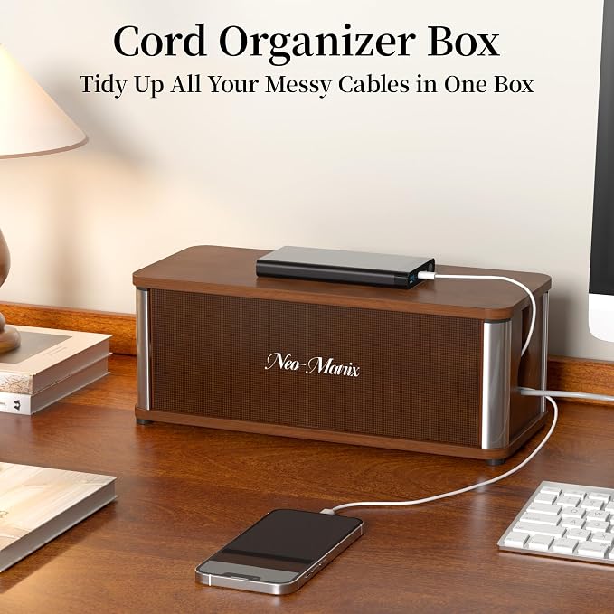Delamu Wooden Cable Management Box, Retro-Inspired Cord Organizer Box for Home Office, Large Cord Hider Box Hides Floor Cord and Power Strips, Floor Cord Covers, 14.3" x 6.0" x 5.5", Dark Brown