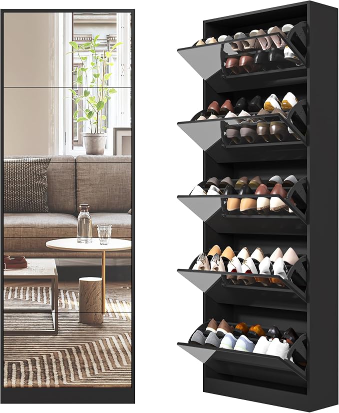 Mirrored Shoe Storage Cabinet with 5 Flip Drawers, 30 Pairs | Real Glass Mirror | Fits Men's Size 15 | Narrow Floor Standing | Entryway Organizer | Space-Saving | Black