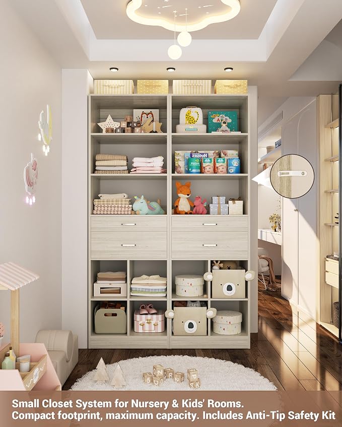 Besiost 22" Closet System with Drawers, Small Closet Organizer for Walk in Closet, Bedroom & Nursery, Wardrobe Storage Unit with Storage and Shelves, Enclosed Storage Volume 2.58 ft³, Greige Oak