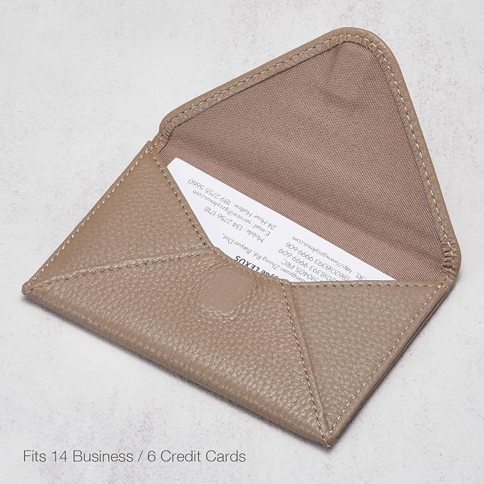 HISCOW Italian Pebbled Leather Business Card Holder, Minimalist Full Grain Envelope Card Case with Hidden Magnetic Closure, 0.19 Inch Slim Front Pocket Wallet for Men and Women, Taupe Grey