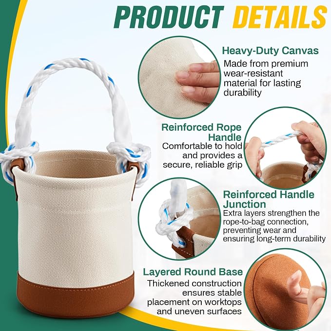 2 Pcs Mini Tool Buckets 6" x 4.5", All-Purpose Tool Bucket with Leather-Bottom, Nuts and Bolt Bag with Reinforced Rope Handle, Small Utility Pouch for Carrying Nails Bolts Small Supplies