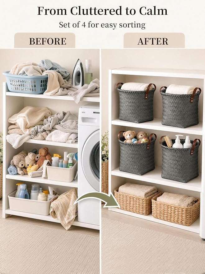 Hand Woven Baskets for Storage, 4Pcs Water-Resistant Wicker Baskets, Grey Wicker Storage Baskets for Shelves, Large Basket with Handle for Organizing, Closet, Laundry, Blanket - Round