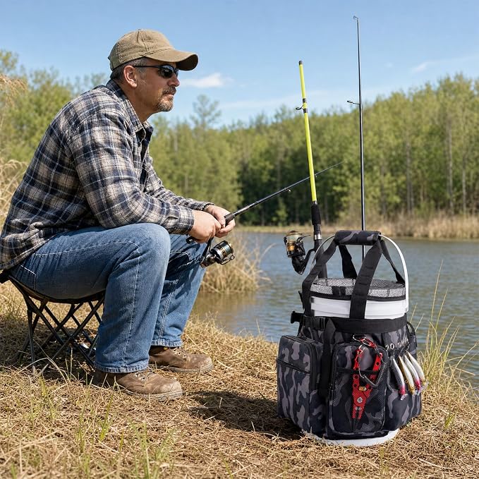 Fishing Bucket Organizer with Mesh Cover Fishing Tackle Bag | 600D Waterproof, Multi-Pockets, Adjustable Buckle, Fits 5 Gallon Bucket, Fishing Gear and Equipment
